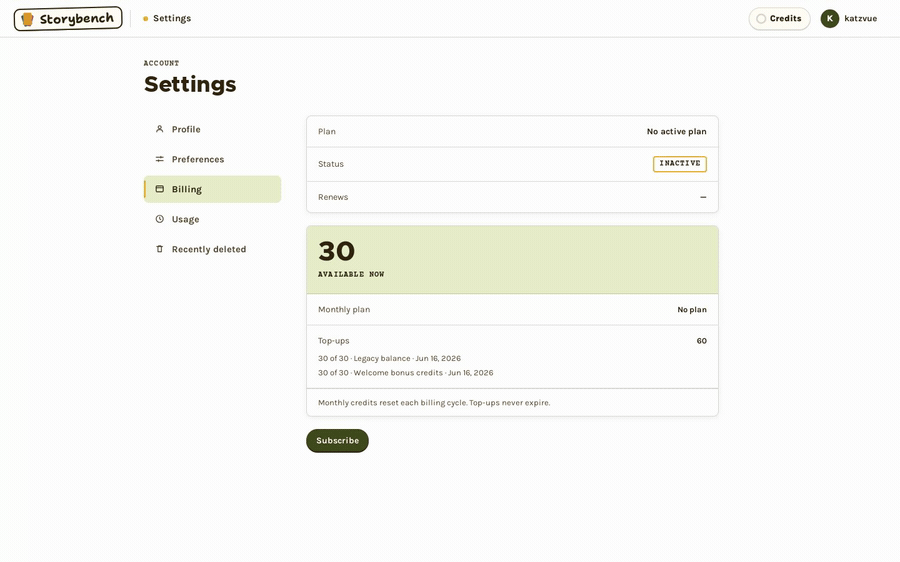 The Settings page showing the Billing tab, then the Recently deleted tab