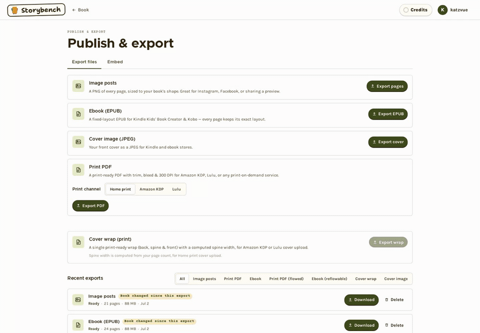 The Embed tab on the Publish page with a live preview of the book, design options, and the snippet