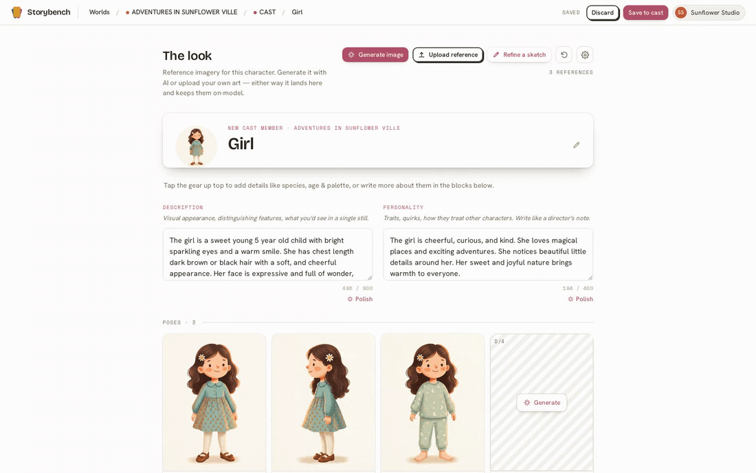 A character in the Storybench cast, with its uploaded reference pictures beside it.