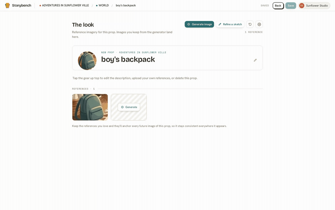 A prop detail page showing a recurring object and its reference pictures