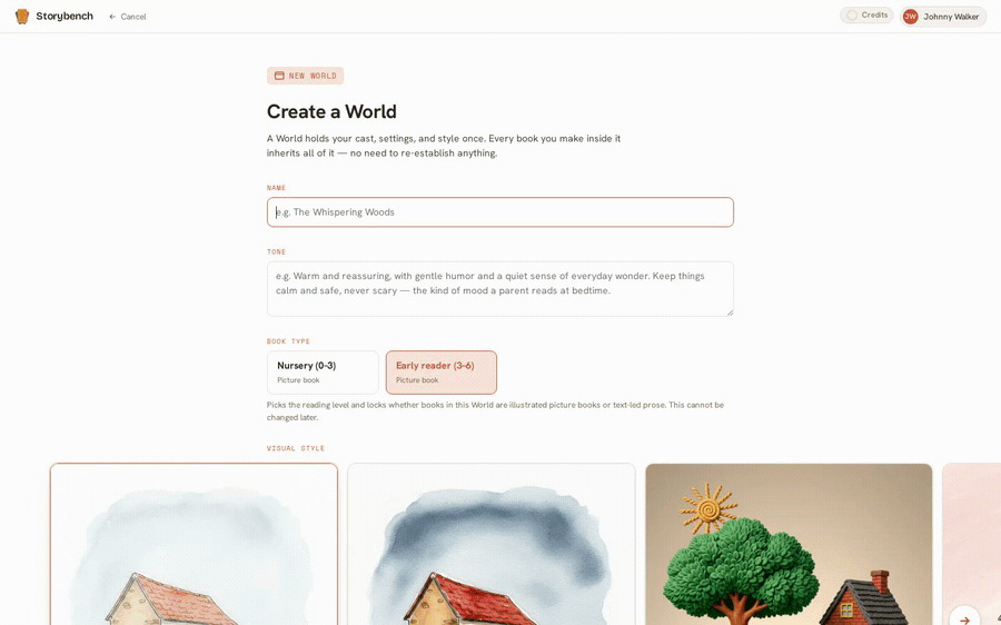 The Create a World form with fields for name, reading age, tone, and a row of visual styles