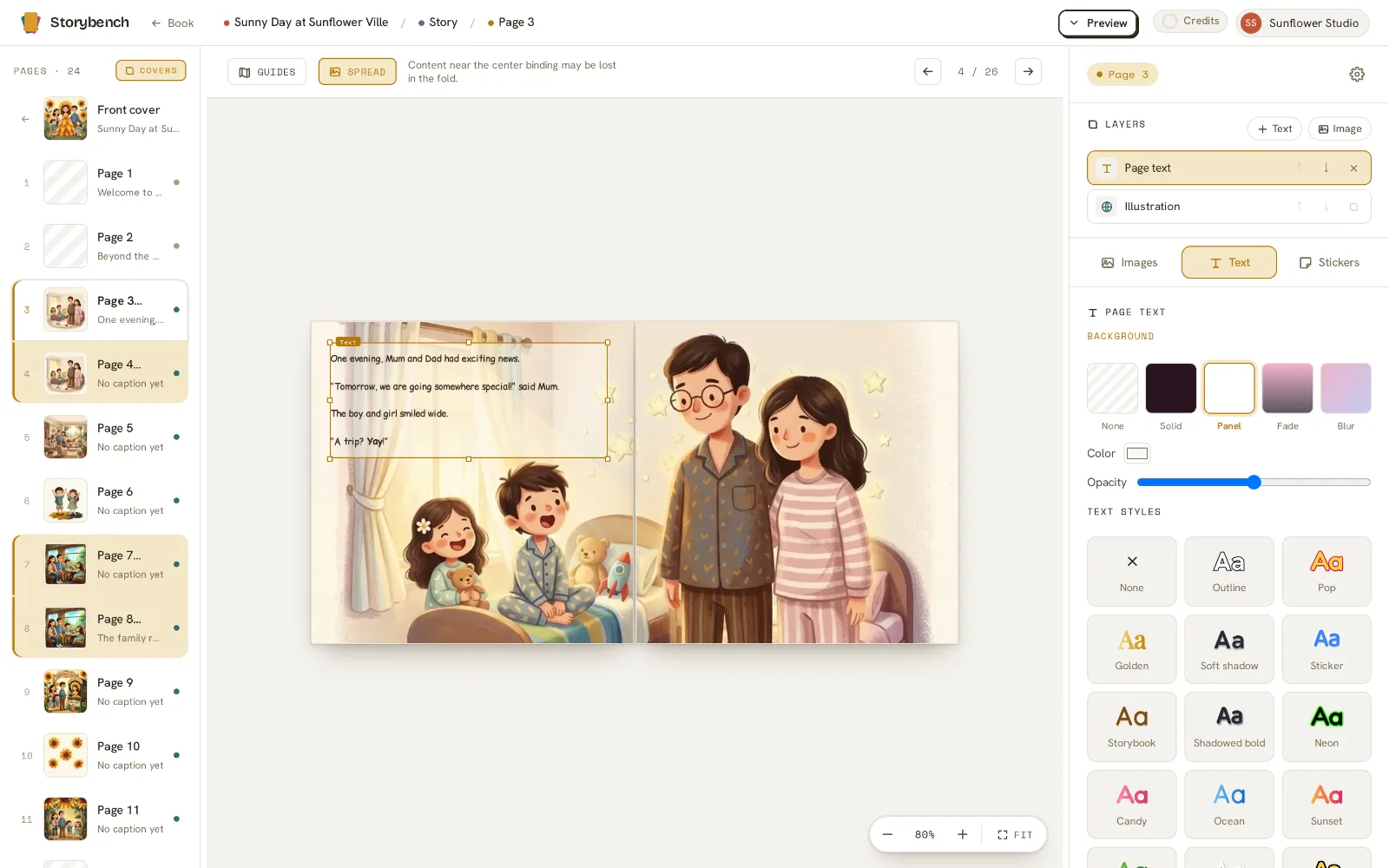 The Storybench page editor open on a two-page spread of “Sunny Day at Sunflower Ville”: the same illustrated family across both pages, with the story text and page thumbnails alongside.